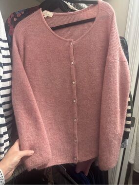 Sezane Rose-Pink Pearl Button Knit Cardigan